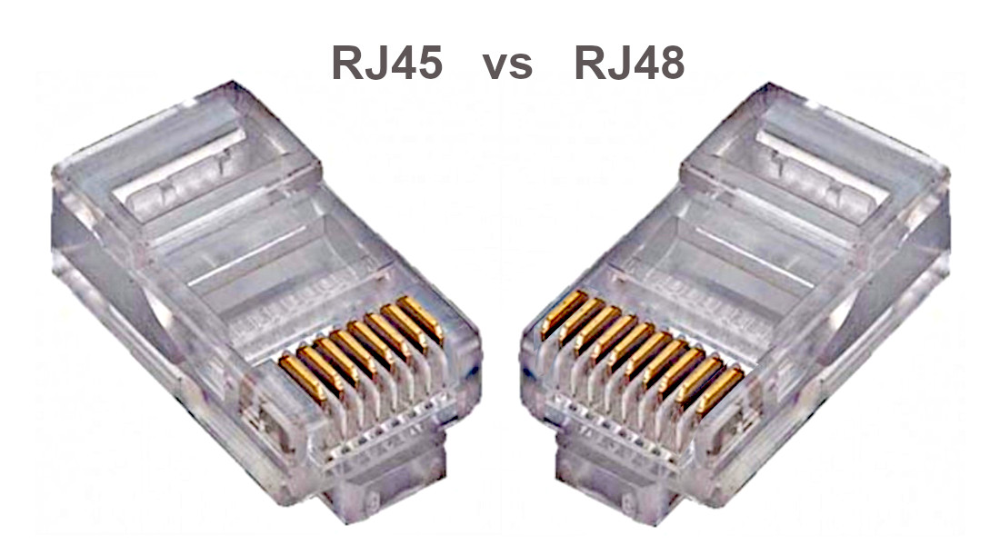 RJ48 naudoja 10 kontaktų jungtį, o RJ45 naudoja 8 kontaktų jungtį
