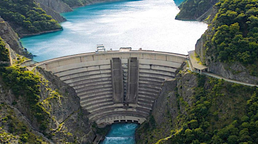 Hydropower converts the potential energy of water into electricity.
