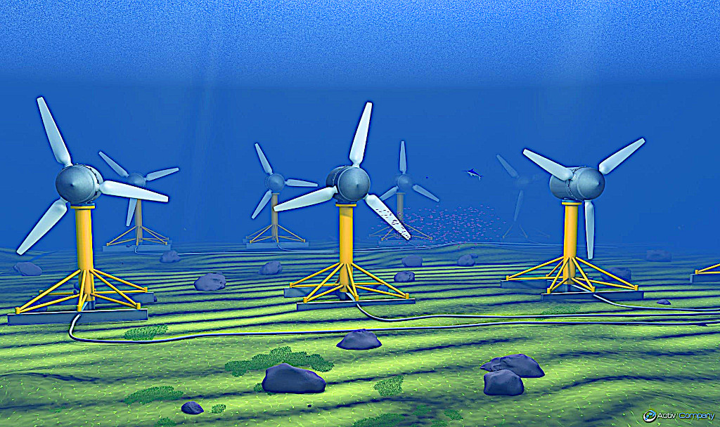 The turbines are positioned to be exposed to the sea current or tidal flows.
