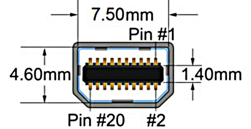 charakteristikos ir matmenys Mini DisplayPort
